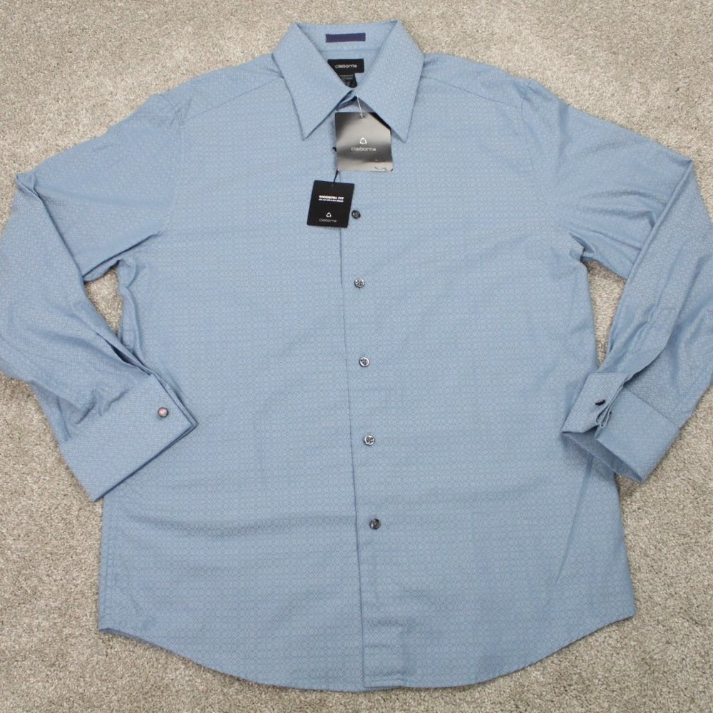 Claiborne Shirt NWT Mens Large Blue Gray Reflections Modern‎ Fit Cotton L/S